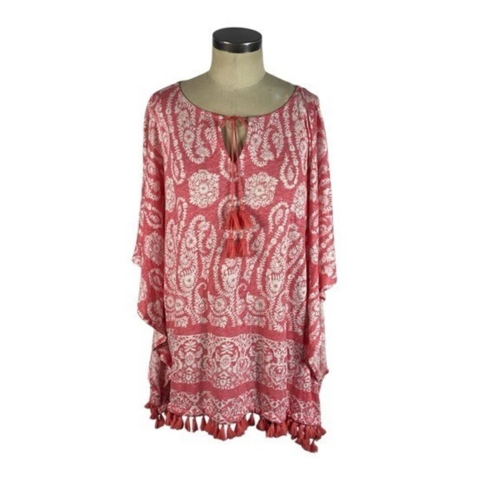 Tommy Bahama Paisley Palace 100% Linen Poncho Top L / XL Tutti Frutti Coral Pink